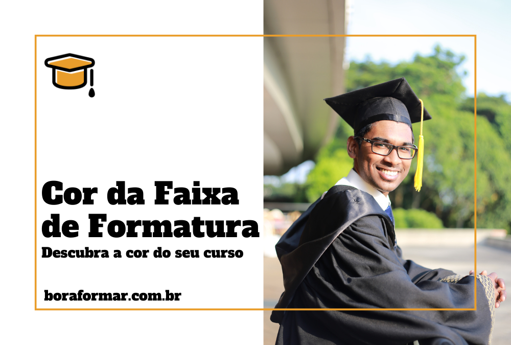 imagem com texto cor da faixa de formatura com homem vestido em beca de formatura e capelo na cabeça em fundo arborizado