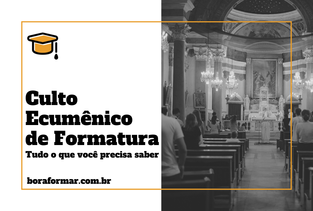 imagem com texto culto ecumênico de formatura e imagem em preto e branco de templo religioso com pessoas em celebração